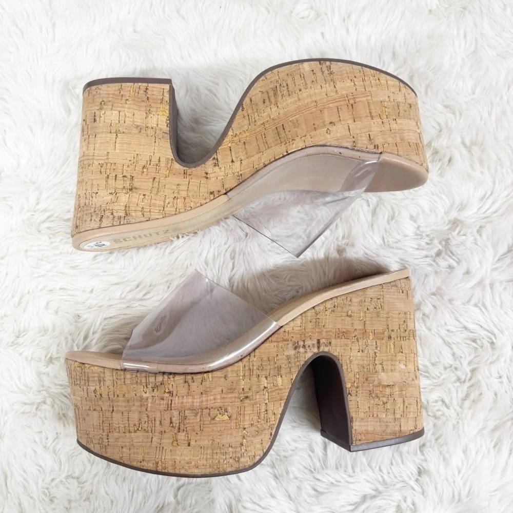 SCHUTZ Dalle Clear Cork Platform Sandal Size‎ 10.5 Chunky Heel Peep Toe Y2K